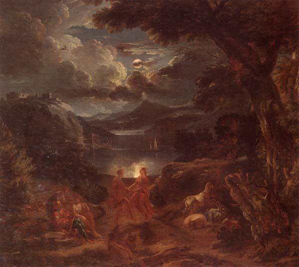 unknow artist A pastoral scene with shepherds and nymphs dancing in the moonlight by the edge of a lake oil painting picture